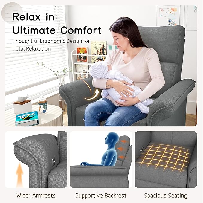 cinkehome Power Swivel Rocker Recliner with USB Overstuffed Electric Reclining Chair Snowflake Fleece Rocker Recliner for Nursery Living Room Bedroom