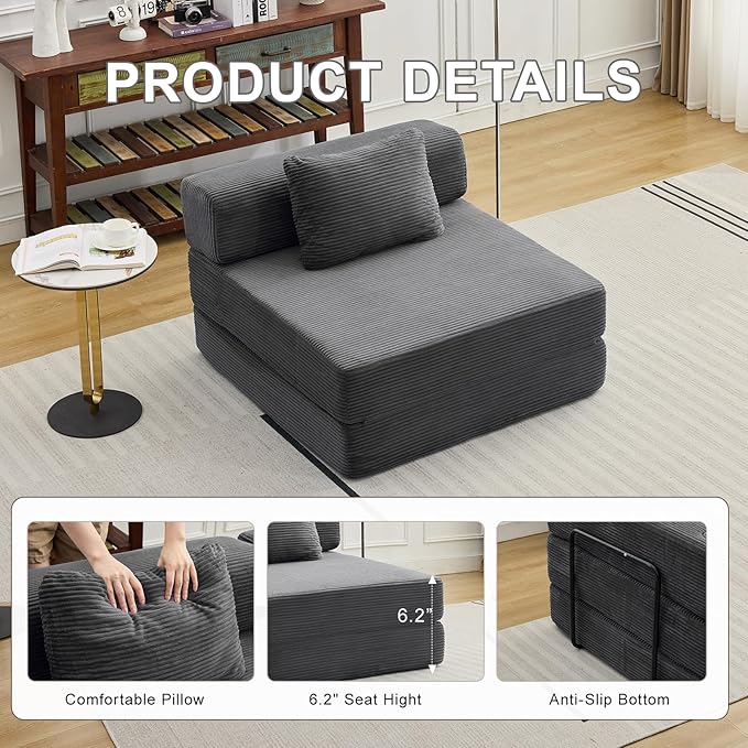Folding Sofa Bed Convertible Sleeper Chair with Pillow Single Sofa with Back Support Portable Fold Out Chair Cloud Couch Bed Comfy Floor Sofa Lounge for Living Room Bedroom Dark Grey