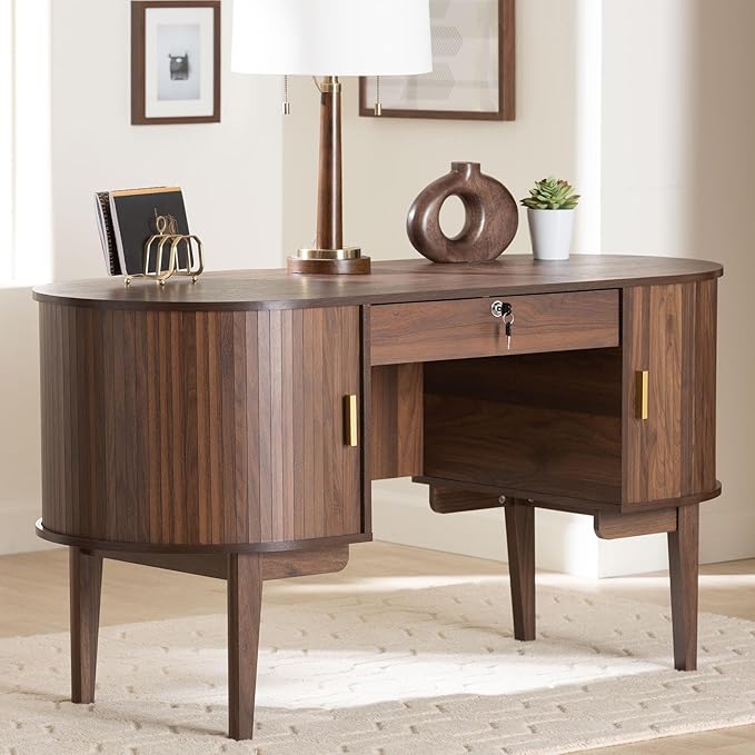 Baxton Studio Hayes Wood Writing Desk - Mid-Century Modern Oval Desk with Locking Drawer and Sliding Tambour Doors for Office or Home