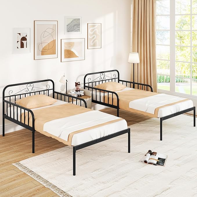 Giantex Metal Twin Bed Frame Convertible Sofa Bed with Headboard &amp Armrests Pull-Out Sleeper Chair Bed for Small Spaces Dorm Guest Apartment Suitable for Folding Sofa Mattress (Black)