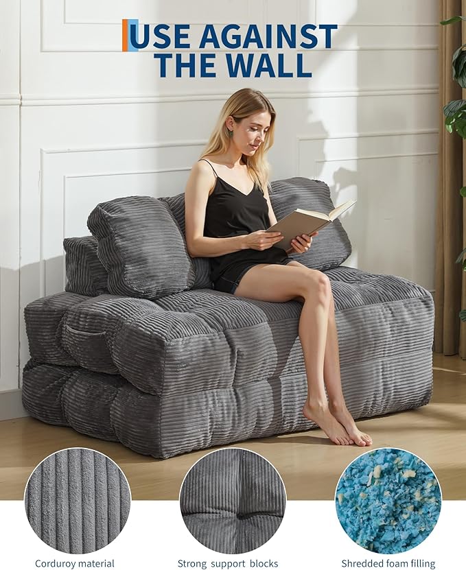 Folding Sofa Bed with Back Support Convertible Sleeper Chair with Pilow Foldable Matress Portable Fold Out Chair Bed Comfy Floor Sofa Lounge for Living Room Bedroom Grey Double
