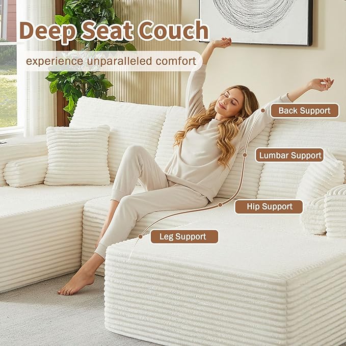 Kiztir 107 Boneless Couches for Living Room Corduroy Cloud Couch with Cup Holder and Pillows Convertible Deep Seat Sectional Sofa with Ottoman No Assembly Required (Beige) | Free Combination Wide
