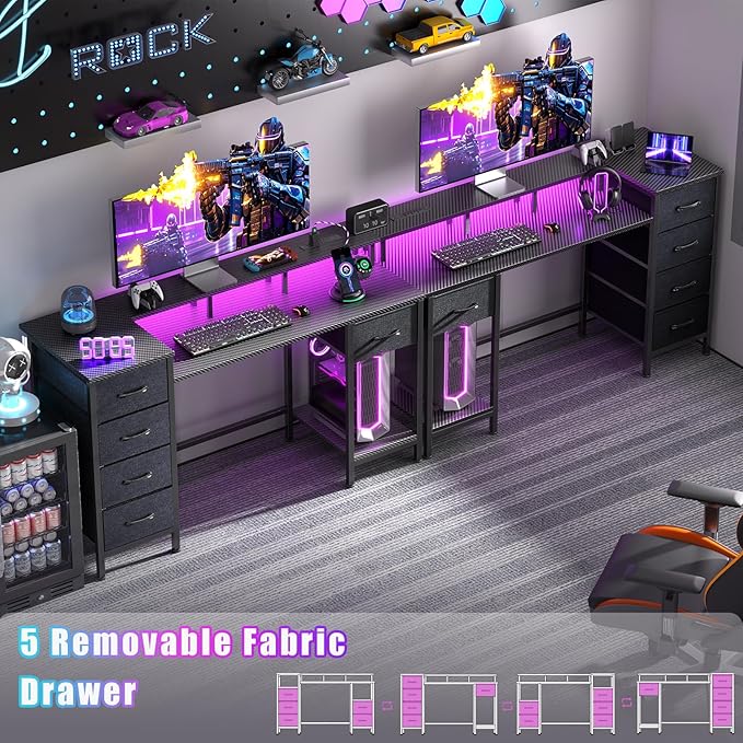 47 Inch Computer Gaming Desk with Power Outlets &amp LED Lights Reversible Home Office Desk with Adjustable 5 Fabric Storage Drawers for Working Writing Study Carbon Fiber Black