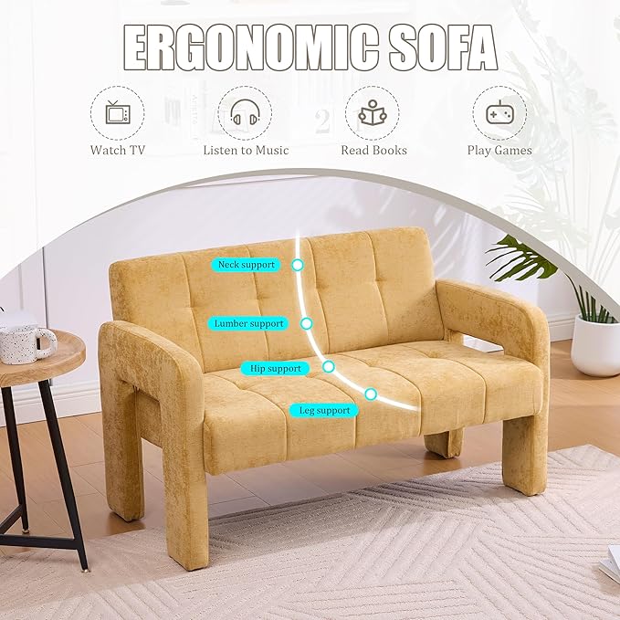 47'' Modern Loveseat Comfortable Small Couch for Two with Chenille Fabric Minimalist Accent Chair for Bedroom Office Entryway Dorm (Mustard Yellow)
