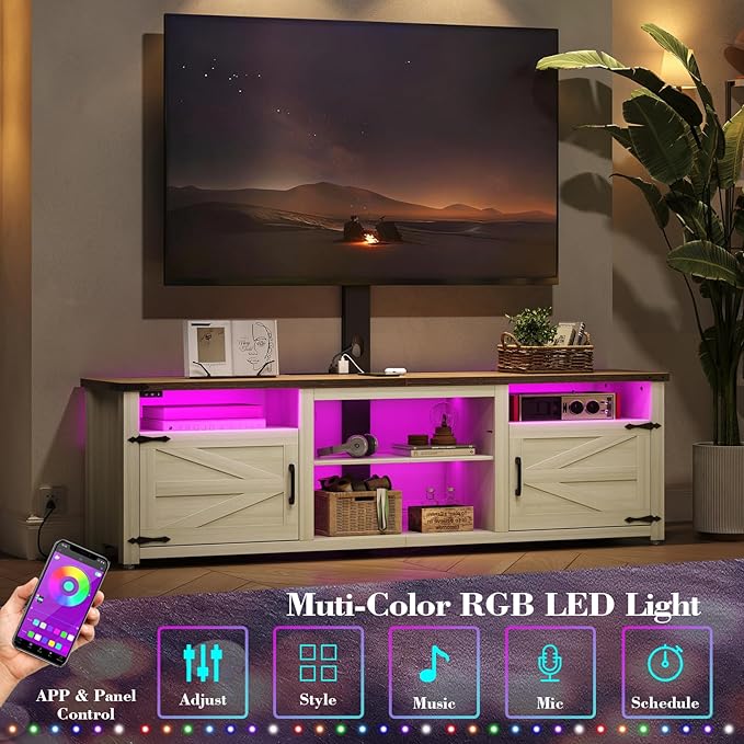 Farmhouse TV Stand with Mount and Charging Station LED Lights 70 Entertainment Center with Height Adjustable Swivel Mount and Barn Doors Storage Cabinets for TVs Up to 75 inch
