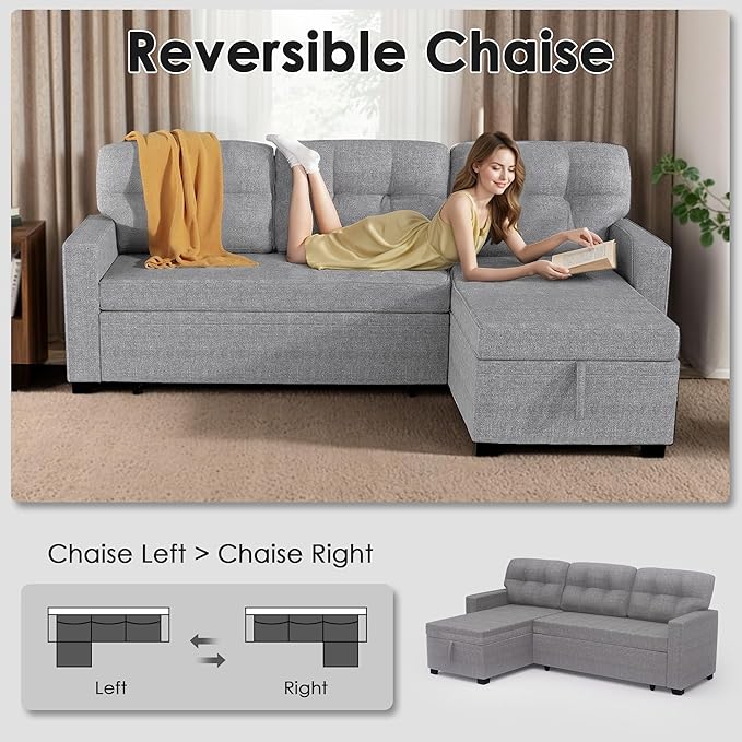 Reversible Sectional Sofa Couch Sleeper Sofa Bed with Storage Chaise Pull Out Couch for Living Room | Hidden Stroge | Pull Out Bed | Removable Backrest | Linen Fabric DeepGrey (LightGrey)