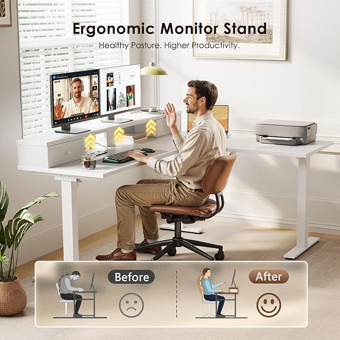 Casaottima 59 Inch Electric L-Shaped Standing Desk with Drawers Height Adjustable Stand Up Corner Desk with Monitor Stand Lift Table for Home Office Workstation White