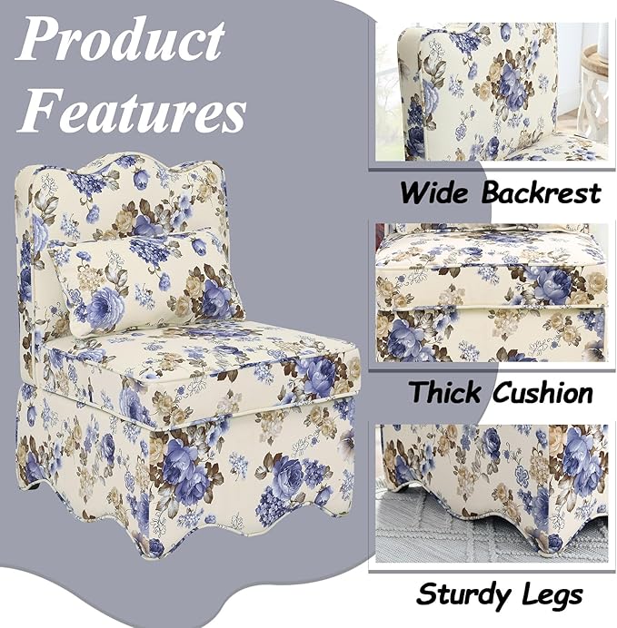 Floral Accent Chair Comfy with Pillow Armless Accent Chair for Bedroom Slipper Chair with Soft Seat Cushion and Backrest Side Chairs for Living Room Flannel Fabric Wave-Shaped (Blue)