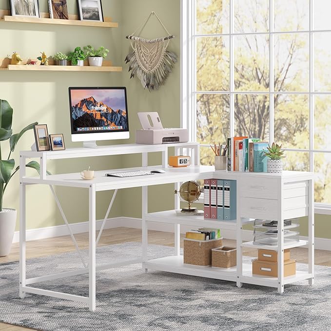 Tribesigns 55-inches Reversible L Shaped Desk with Drawer Modern White L Corner Desk Home Office Table with Storage Shelves and Monitor Stand Wooden and Metal PC Desk for Small Space