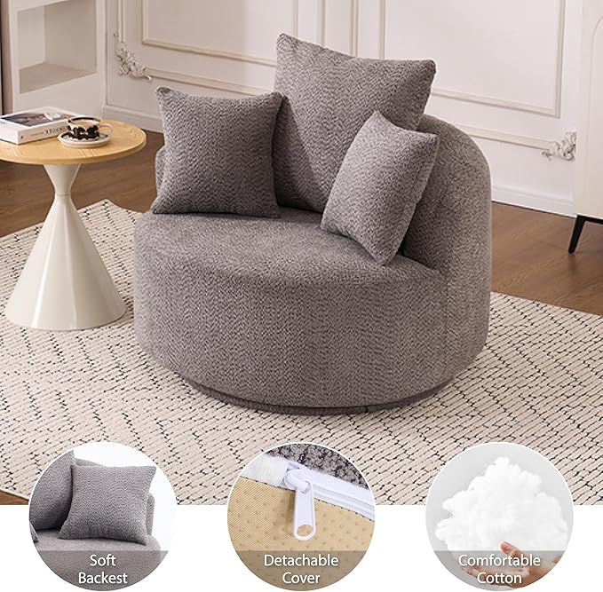 Modern 39 Swivel Barrel Chair Comfy Boucle Upholstered Accent Chair with 360° Rotation Single Sofa with 3 Pillows Ergonomic Design for Living Room Bedroom Office Gray