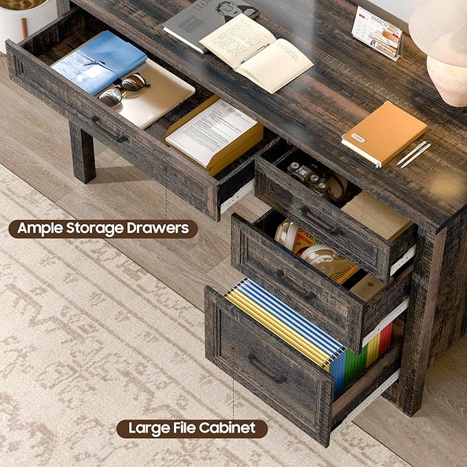 Vabches Farmhouse Executive Desk with Storage and Ample File Drawer Rustic Large Home Writing Desk for Bedroom Dark Oak