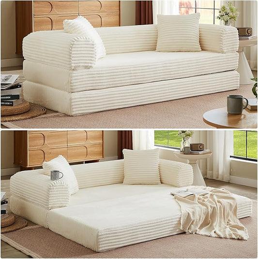 Folding Convertible Sleeper Sofa Bed Corduroy Upholstered Boneless Couch with Pillows Modular Floor Sofa Compression Couch for Living Room No Assembly Required (Beige)