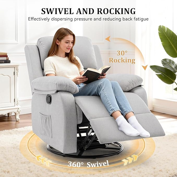 Recliner Chair 360 Swivel Rocker Chair for Adults Small Rocking Recliner for Small Spaces Upholstered Fabric Glider Recliner Nursery