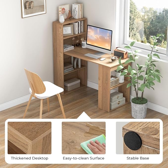 LDAILY Computer Desk with Bookshelf 48” Modern Office Desk w/ 6-Tier Storage Shelves CPU Stand Wider Base 3-in-1 Reversible Study Table Writing Desk for Home Office Bedroom Study Room (Natural)