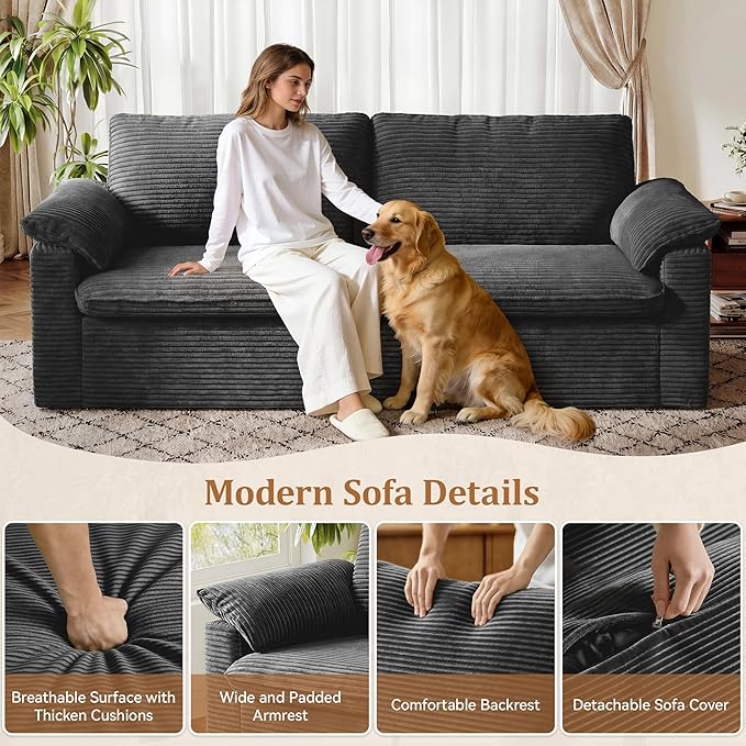 WEUP 86 Loveseat Sofa Grey Corduroy Couches for Living RoomMid Century Modern Love SeatSuper Comfy Cloud SofasDeep SeatWide ArmrestSturdy Frame for Bedroom Apartment Office