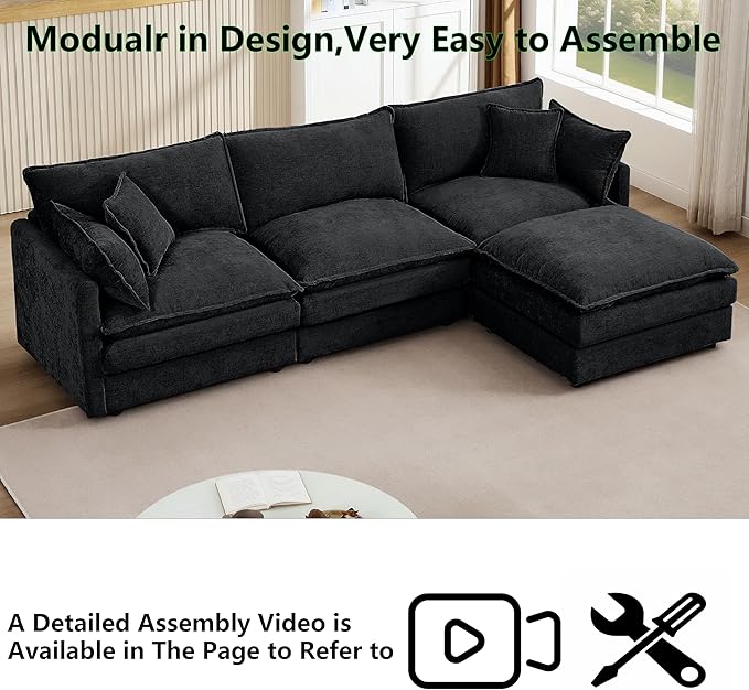 102 L-Shaped Sofa for Living RoomModular Sectional Cloud Sofa Couch with OttomanModern Chenille 3 Seater Sofas with Deep SeatSmall L Shaped Couches for Bedroom (Black 102)