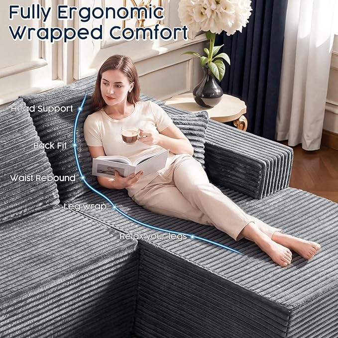 Grey Modular Sectional Couch with 108 L-Shape Chaise Deep Seat Corduroy Sofa Plush Fabric Cloud-Like Couches for Living Room No Assembly Modern Minimalist Furniture (Left Facing Chaise)