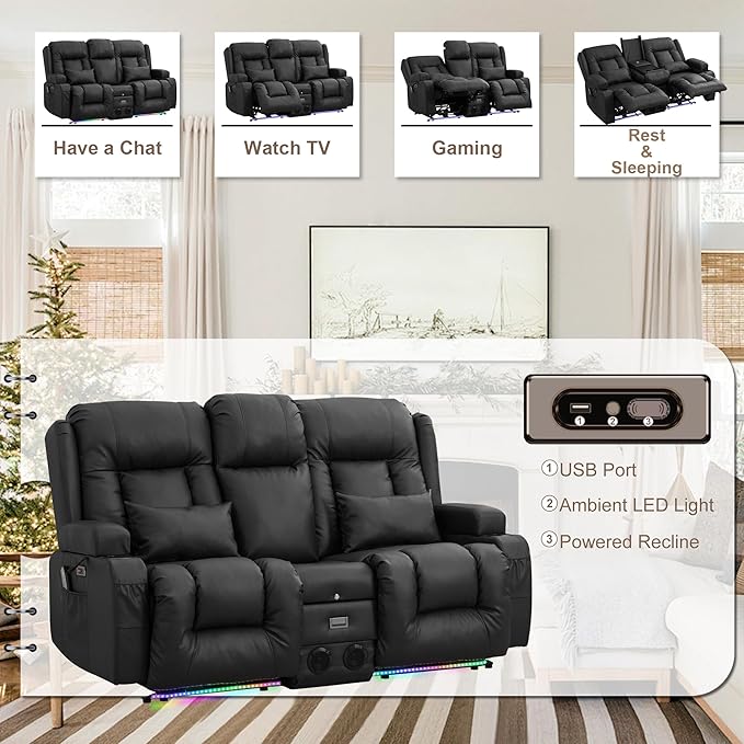 TUNYI Power Loveseat Recliner Sofa with Massage &amp Heat Home Theater Seating with Console RV Recliner Loveseat Sofa with USB/Storage/Side Pocket/LED Light/Speaker (Black Loveseat)
