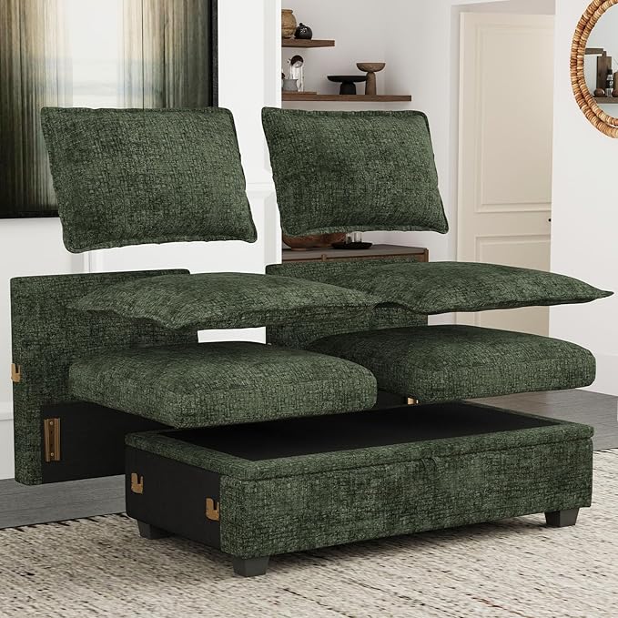 Belffin Double Seat Module 2-Seater Sofa with Storage for Chenille Modular Sectional Sleeper Sofa Pullout Couch Green