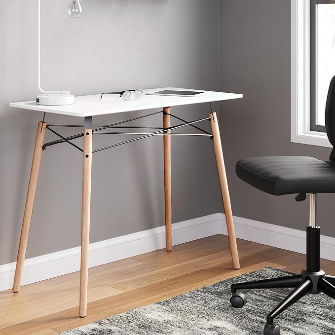 Signature Design by Ashley Jaspeni Industrial Home Office Desk Painted White Top Black Metal Framework Wood 36 W x 18 D x 29.75 H White &amp Light Brown
