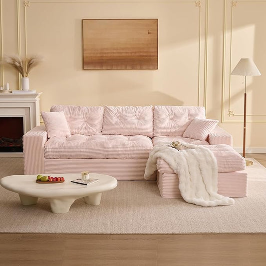 Modular Sectional Sofa 102” L-Shaped Corduroy Couch with Ottoman Deep Seat Comfy Sectional for Living Room Set of Soft Upholstered Cloud Couch for Apartment Pink