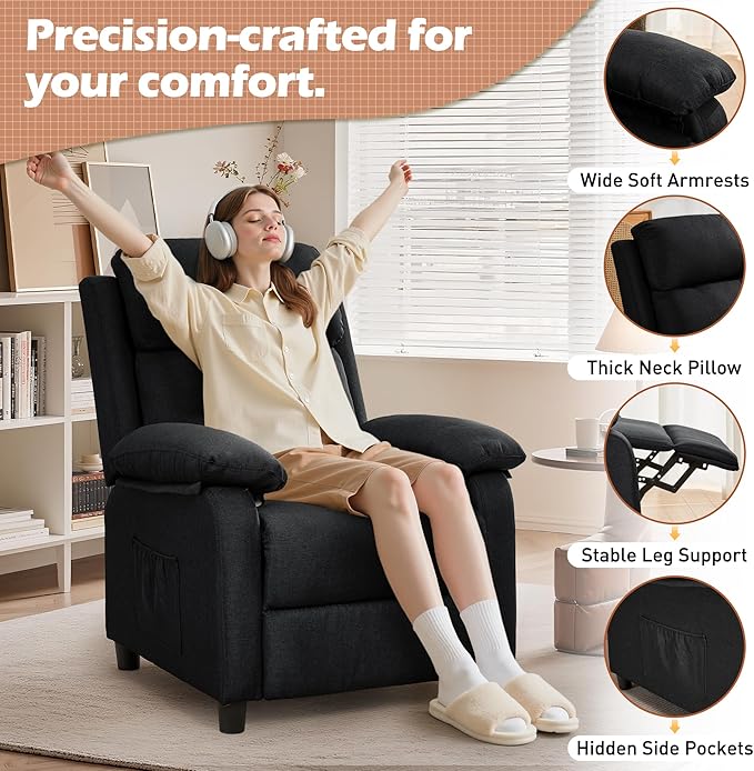 Recliner Chair Living Room Chairs for Adults Padded Deep Seat Reading Chair with Side Pockets Small Recliners for Small Spaces Lounge Chair for Living Room Bedroom and RV (Linen)