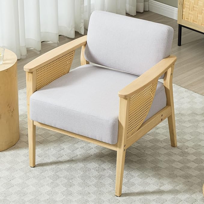 Mid-Century Accent Chair Set of 2 Modern Rattan Armchair Linen Lounge Chair with Wood Legs Upholstered Leisure Chair for Living Room Bedroom Reception Room Grey