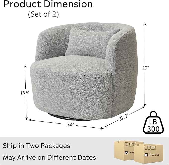 KINWELL 34 Wide Sherpa Swivel Barrel Chairs Set of 2 No Assembly Round Boucle Upholstered Accent Chairs Armchairs Single Sofa Chair with Toss Pillow for Living Room and Bedroom Gray