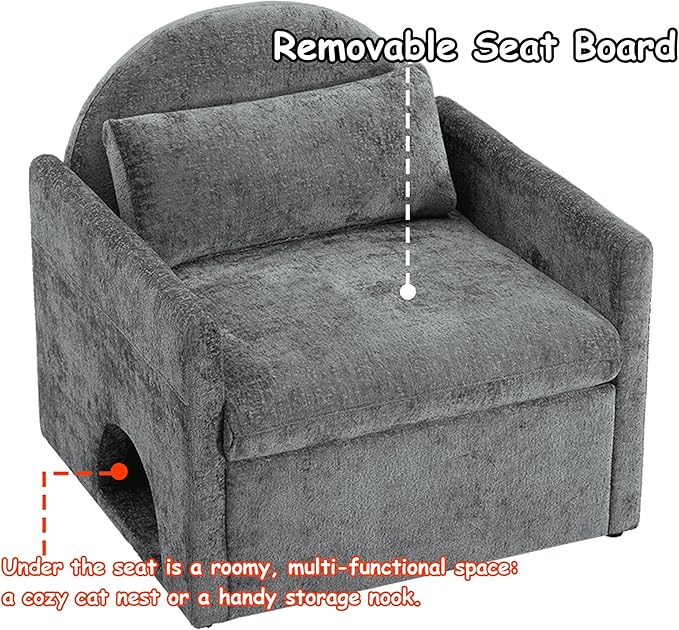 Single Sofa ChairModern Chenille ArmchairLounge Chair with Cat DedGray Chairs for Living Room BedroomRemovable Washable Covers