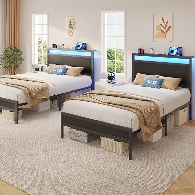 Twin Bed Frame with Headboard &amp Footboard Twin Bed Frame with Charging Station &amp LED Light Under-Bed-Storage No Box Spring Needed Noise Free Easy Assembly Classic Black