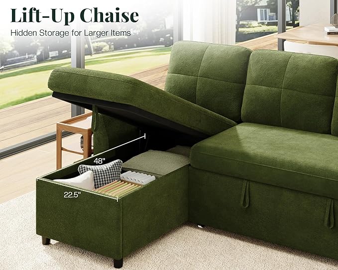 Jocisland Sofa Bed Sleeper Sofa with Storage Chaise Convertible Couch Bed with Pull Out l Shaped Couch for Living Room Linen Geen