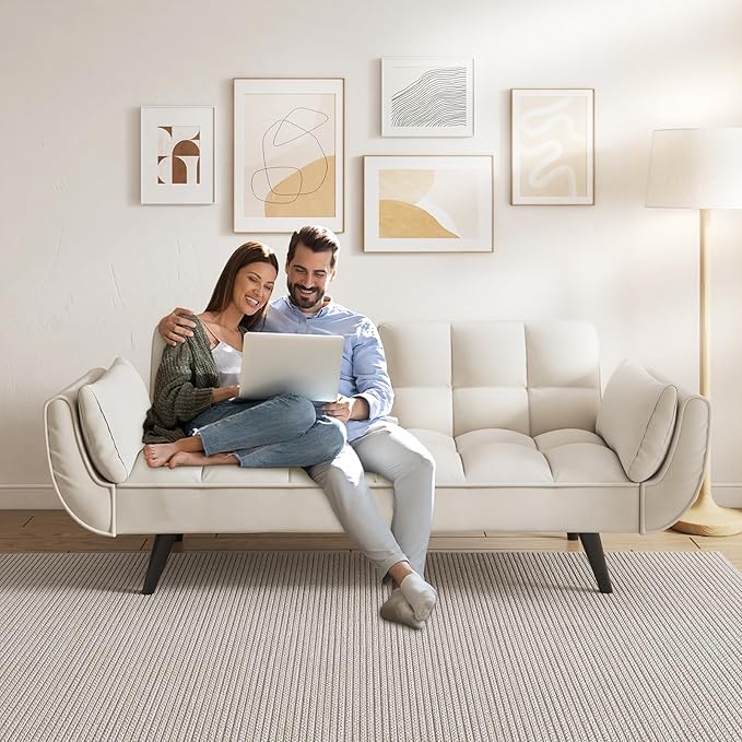 KINFFICT 57 inch Beige Futon Sofa Couch Bed Comfy Velvet Upholstered Loveseat Convertible Sleeper Sofa cama with Adjustable Backrest Mid Century Modern Sofas for Living Room Bedroom Small Space