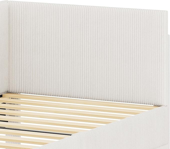 Twin Size Daybed L-Shaped Modern Corduroy Upholstered Sofa Day Bed Frame with Storage Drawers for Living Room Bedroom Guest Room No Box Spring Needed (Beige)