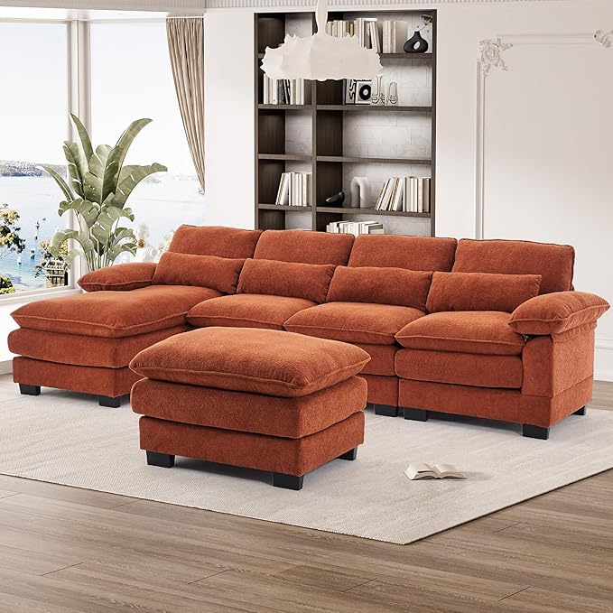 OUYESSIR 113 U Shape Sectional Cloud Couch with OttomanFluffy Sectional Couches for Living Room4 Seater Modular Sectional SofaComfy Cloud Sofas &amp Couches with 4 PillowsOrange