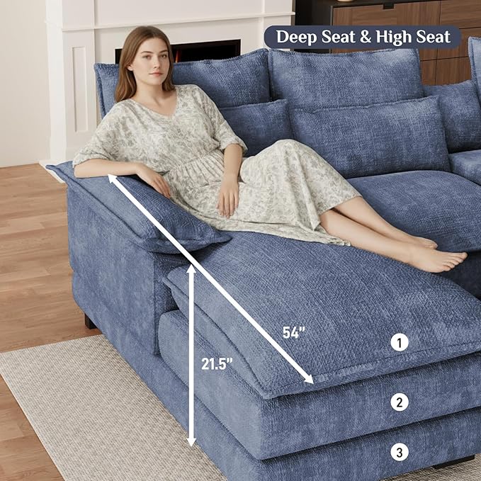 OUYESSIR 135 U Shaped Sectional Cloud CouchBlue Sectional Couches for Living RoomComfy Fluffy Chenille Oversized Cloud CouchModular Sectional Sofa with Central Console &amp Double Chaise Lounge