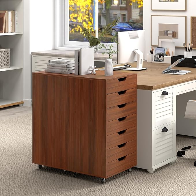 7 Drawer File Cabinet Mobile Filing Cabinet w/Universal Wheels Wood Printer Stand with Storage Rolling File Cabinets for Home Office Living Room Bedroom (Walnut 7 Drawers)