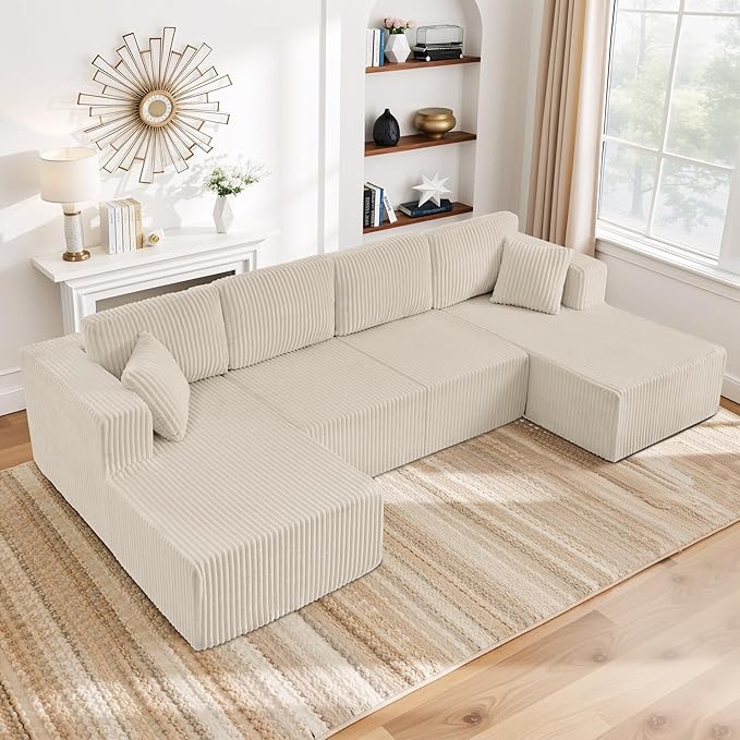 161 Oversized Cloud Boneless Sofa Couch with Chaise Modern Corduroy Modular Sectional Sofa with Deep Seat Comfy U Shaped Couch with Memory Foam for Living Room No Assembly Required (Beige)