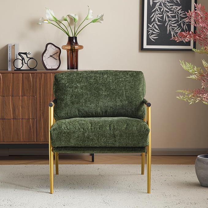 Modern Accent Chair Lounge Arm Chair Upholstered Armchair with Plush Cushions Single Chairs with Metal FrameWooden Armrest - Perfect for OfficeLiving RoomBedroomGold+Green