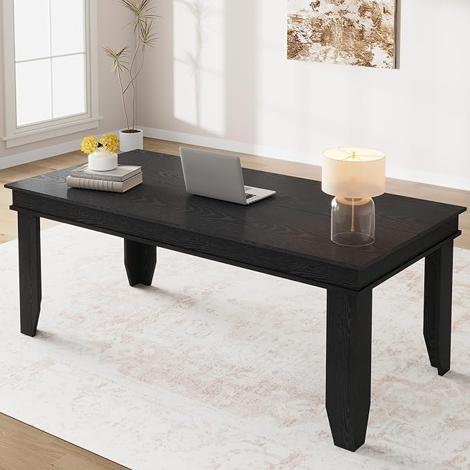 71 Inch Executive Desk Large Black Computer Desk with Sturdy Thick Legs Modern Farmhouse Home Office Desk 180cm Spacious Writing Table for Study Professional Workstation Furniture Rectangular