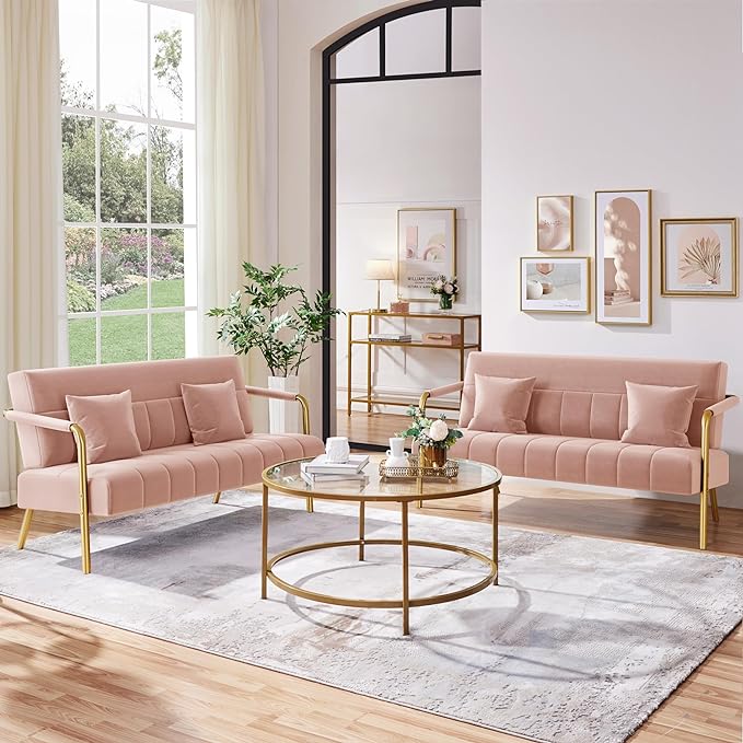 Yaheetech 56.5 W Modern Sofa Small Sofa Luxurious Velvet Fabric Couch with Gold-Tone Metal Arms and Legs for Living Room Home Office Studio Pink