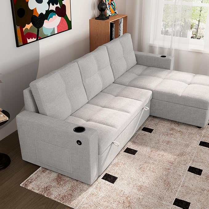 85 Sectional Sofa Couch Sleeper Sofa Bed with Reversible Storage Chaise Pull Out Couch for Living Room with Side Pocket Charging Station Linen Fabric Grey