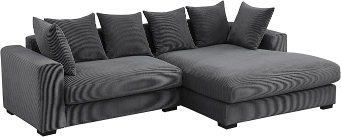L-Shaped Corner Corduroy Sectional Sofa 4 Seat Modular Boneless Sofa Foam Cloud Couch with Movable Ottoman and Toss PillowsModern Deep Seat Convertible Chaise Sofa