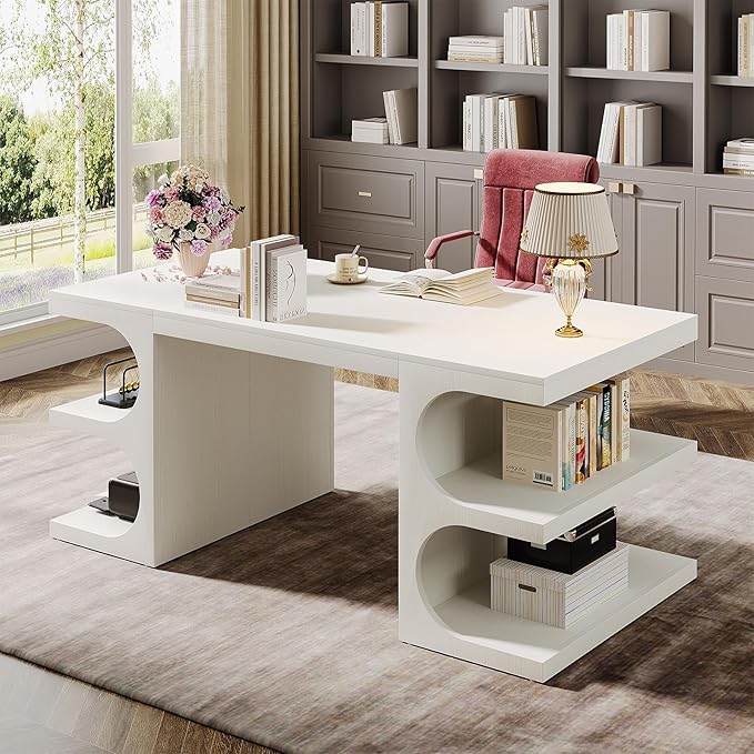 Tribesigns Modern Executive Office Desk 63-Inch Large Computer Home Office Desk with Storage Shelves Wood Study Writing Table Workstation Business Furniture White