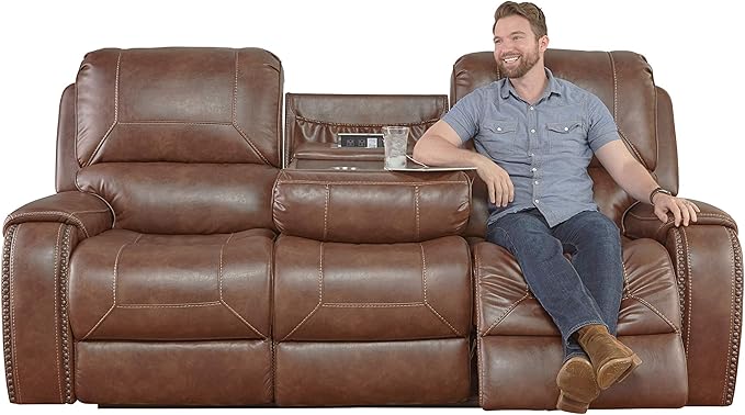 Roundhill Furniture Achern Leather Air Nail head Manual Reclining Sofa with Storage Console Brown