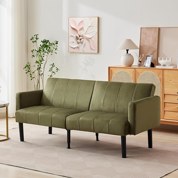 Garvee 75.5 Convertible Sofa Bed Vertical-Stripe Linen-Feel Fabric Sofa Features Sturdy Bed Legs Mid-Century Modern Folding Sofa Suitable for Living Rooms Bedrooms Dorms - Green