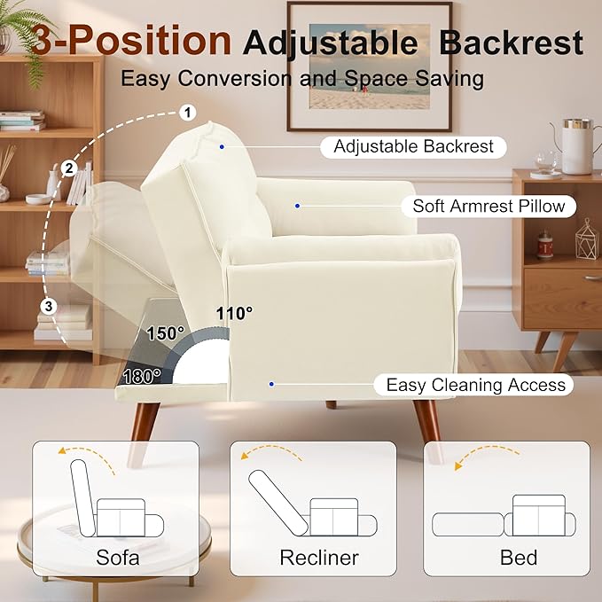 Convertible Futon Sofa Bed Sleeper Couch Bed with Adjustable Backrests Linen 3 Seater Small Couches for Small Spaces Living Room Bedroom(Beige 75)