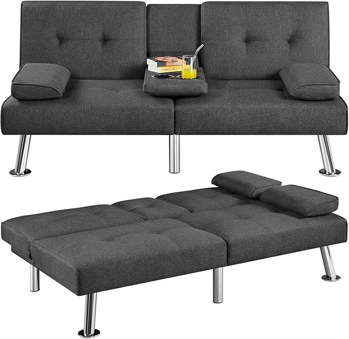 Anwick Futon Sofa Bed Modern Folding Couch for Small Space Linen Convertible Loveseat Sleeper Bed Daybed Recliner Lounge Sofas for Living Room2 Cup HoldersMetal LegsRemovable Armrests (Dark Gray)