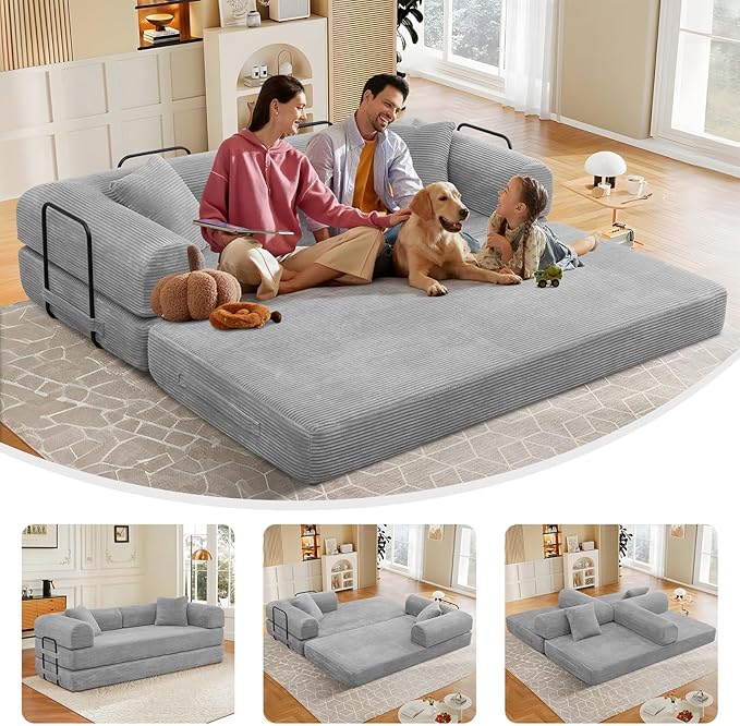 78 Convertible Sleeper Sofa Bed with Cylindrical Pillow Corduroy Folding Mattress Couch with Fixed Frame Floor Sofa Lounge Couch for Living Room Bedroom Apartment Light Grey
