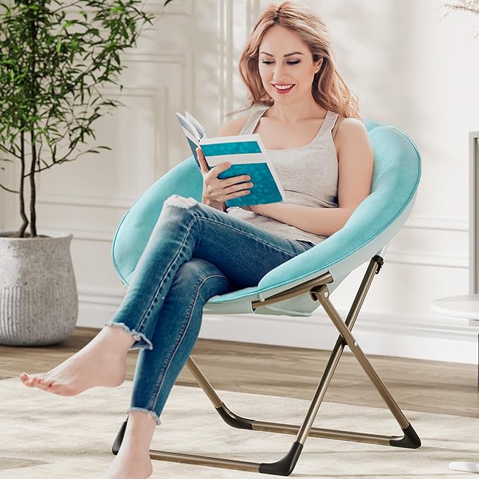 GAOMON Saucer Chair Comfy Chair Faux Fur Lounge Moon Chair with Folding Metal Frame Oversized Plush Flower Accent Seat for Adults Teens &amp Kids for Teens Bedroom Dorm or Living Room Blue