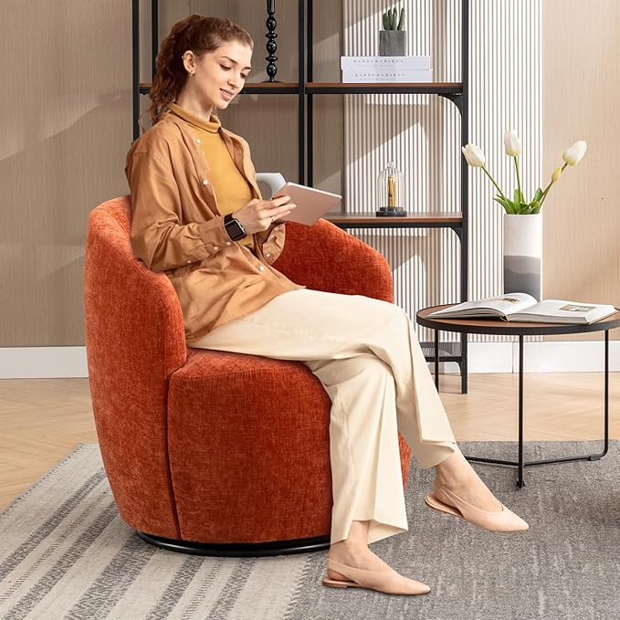Modern Orange Chenille Swivel Accent Chair 360 Degree Round Bucket Chair Comfortable Arm Chair for Living Room Bedroom Nursery